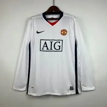 2007-2008 長袖マンチェスター・ユナイテッド ホワイトサッカーレトロユニフォーム